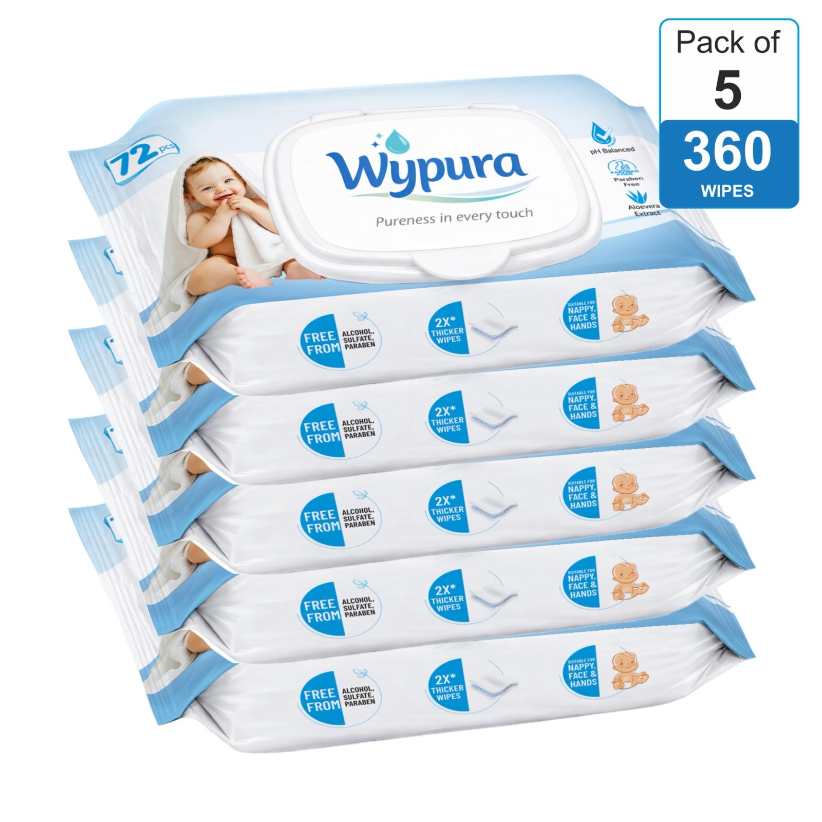 Wypura Ultra Soft Wipes – Clean, Care & Comfort in Every Swipe (pack of 5 with lid )